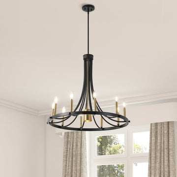 Dante Modern Iron Adjustable Wagon Wheel LED Chandelier with Downlight - JONATHAN Y